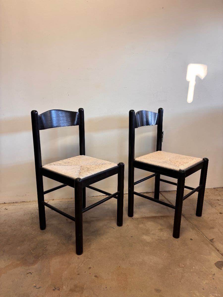Pair of 70s italian design black and beige rush chairs photo 3