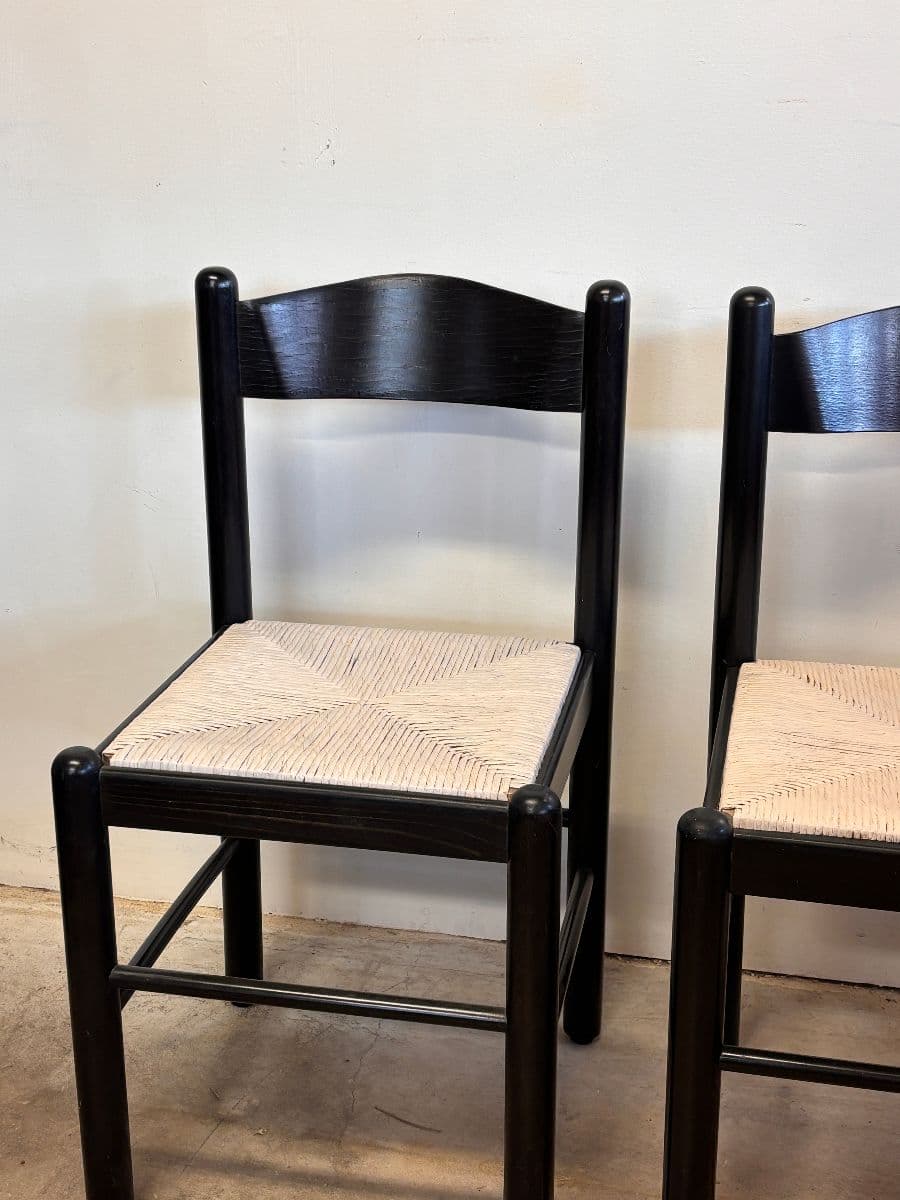 Pair of 70s italian design black and beige rush chairs photo 2